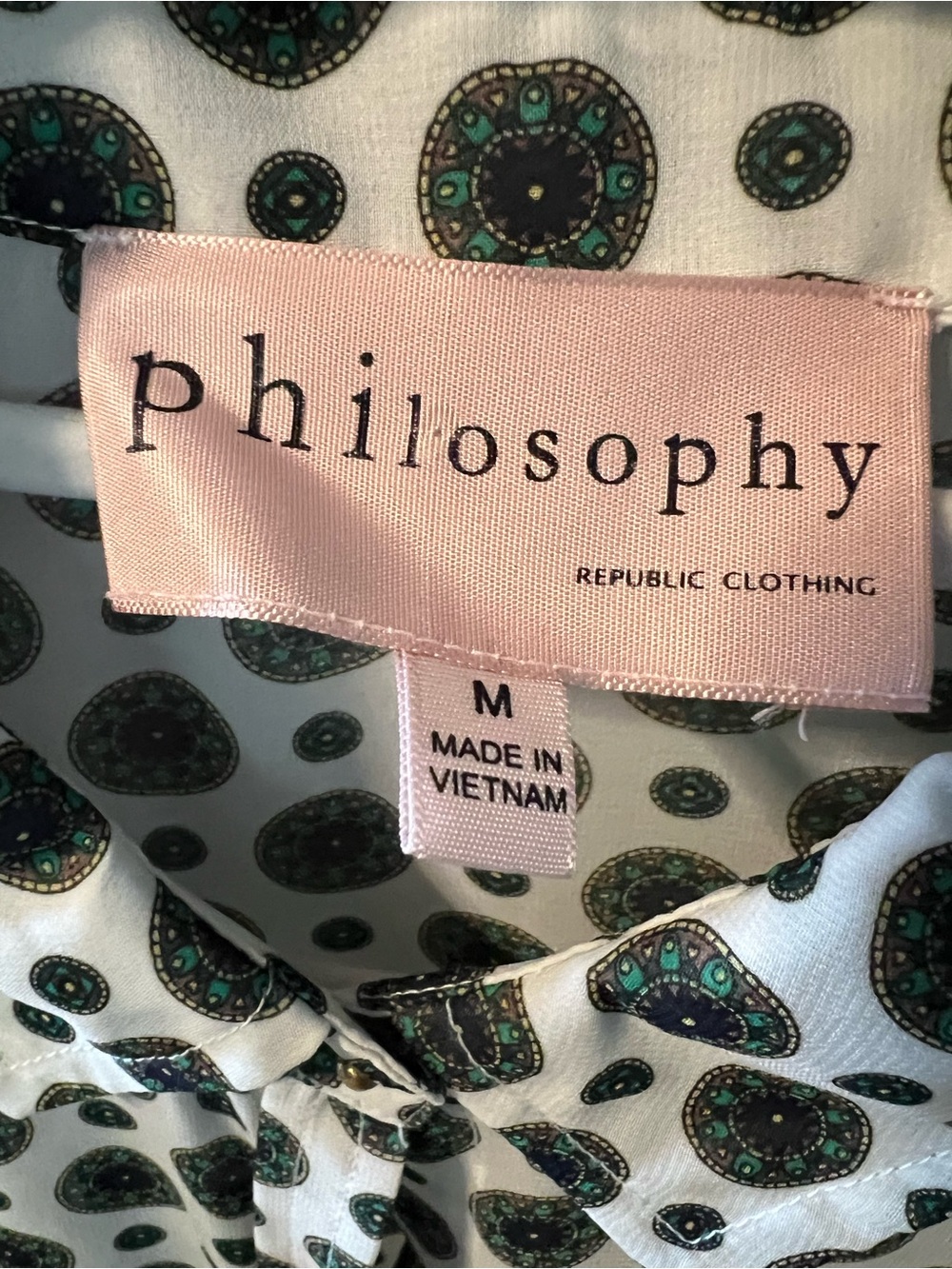 Philosophy White Blouse with Teal and Black Medallion Print